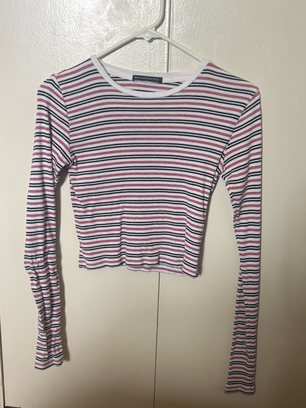 Brandy Melville Pink Black White Striped Long Sleeve Ribbed Top